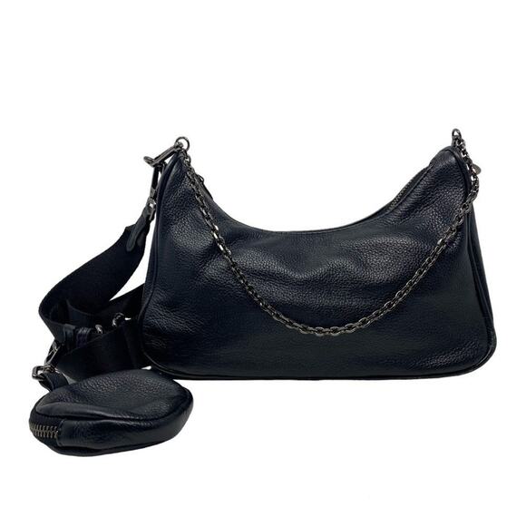 Black Faux Leather 2 in 1 Adjustable + Chain Straps Crossbody Shoulder Bag - Picture 1 of 15